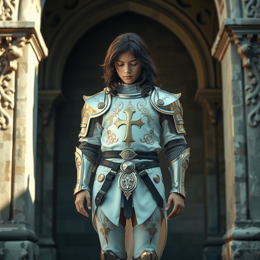 A young knight in white armor contemplates quietly.