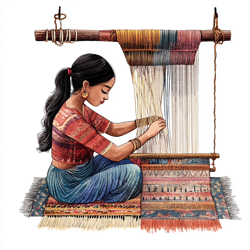 A young lady weaving silk fabric peacefully