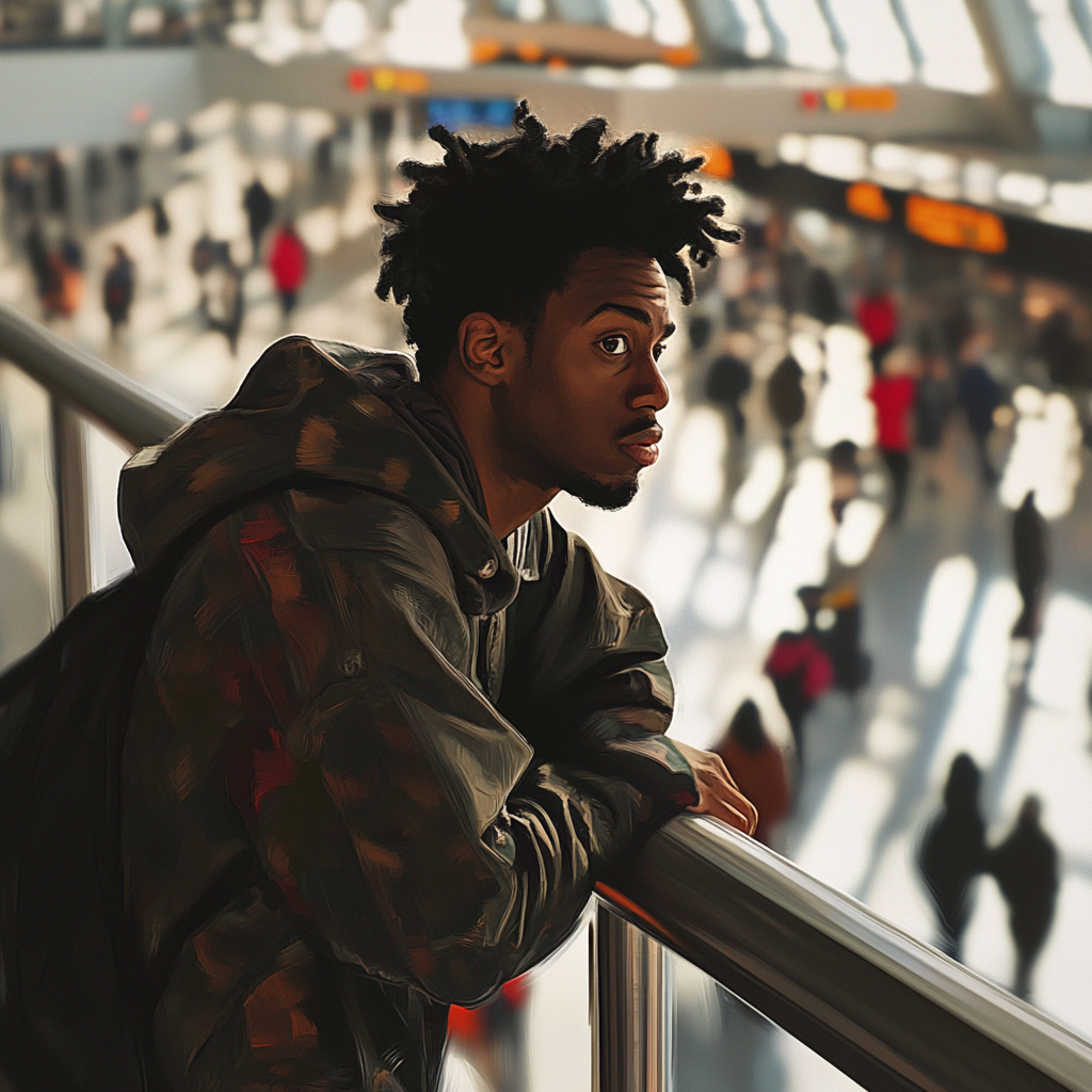 A young man at busy airport, calm expression