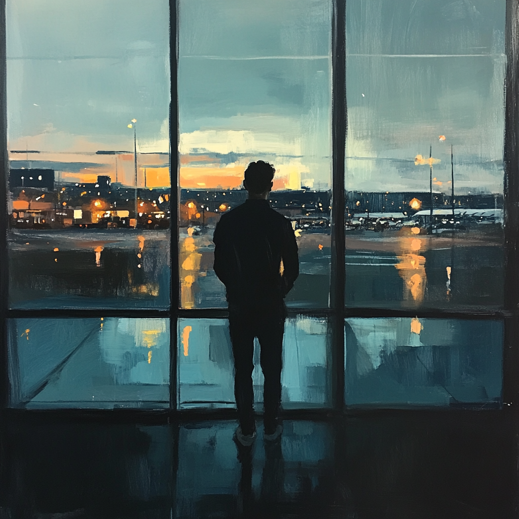 A young man at the airport, city lights glow