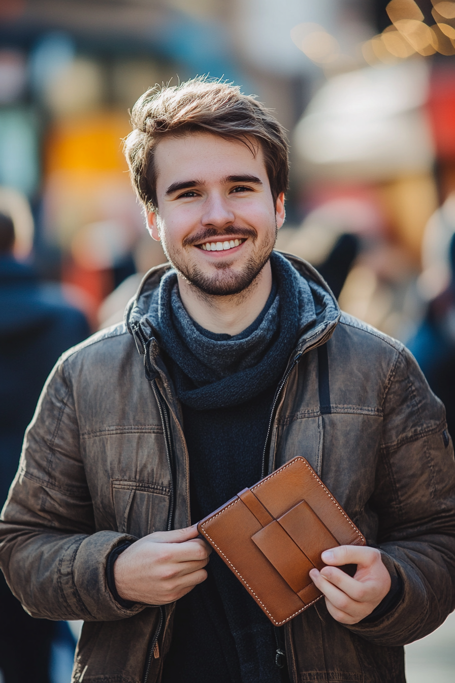 A young man happily holding a gift