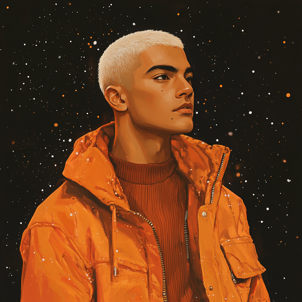 A young man in 90s jacket in space portrait