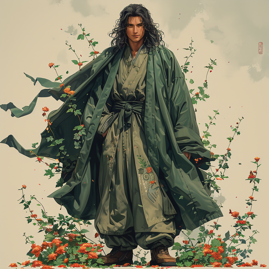 A young man in green robe and work clothes