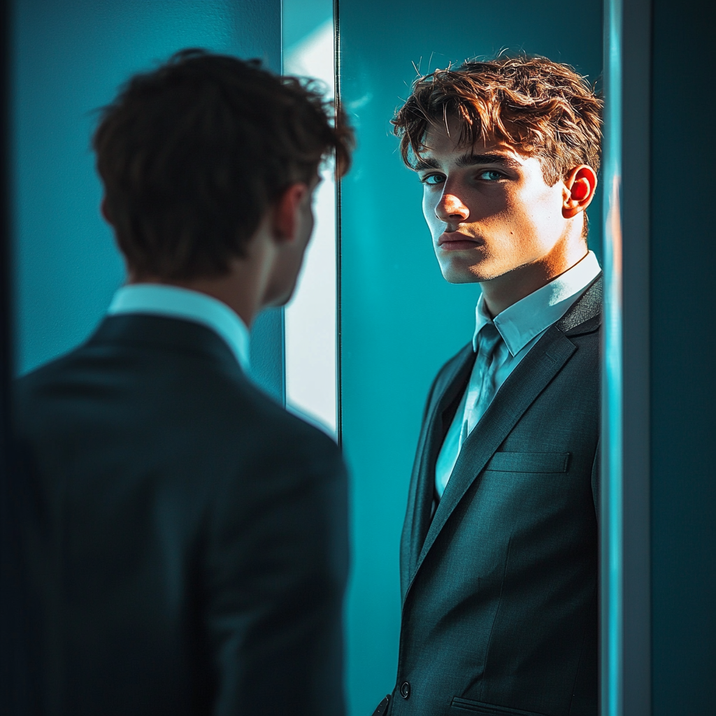 A young man in suit looks at mirror.