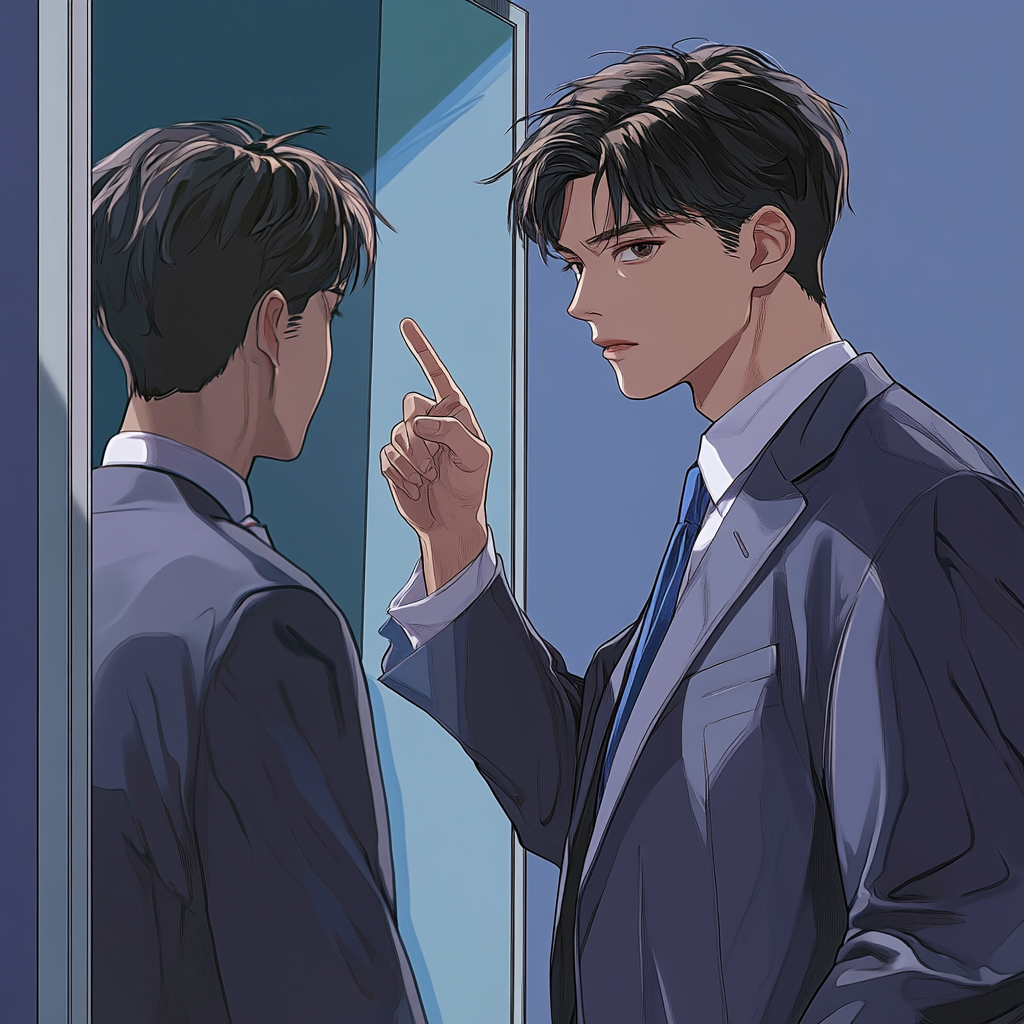 A young man in suit points at mirror