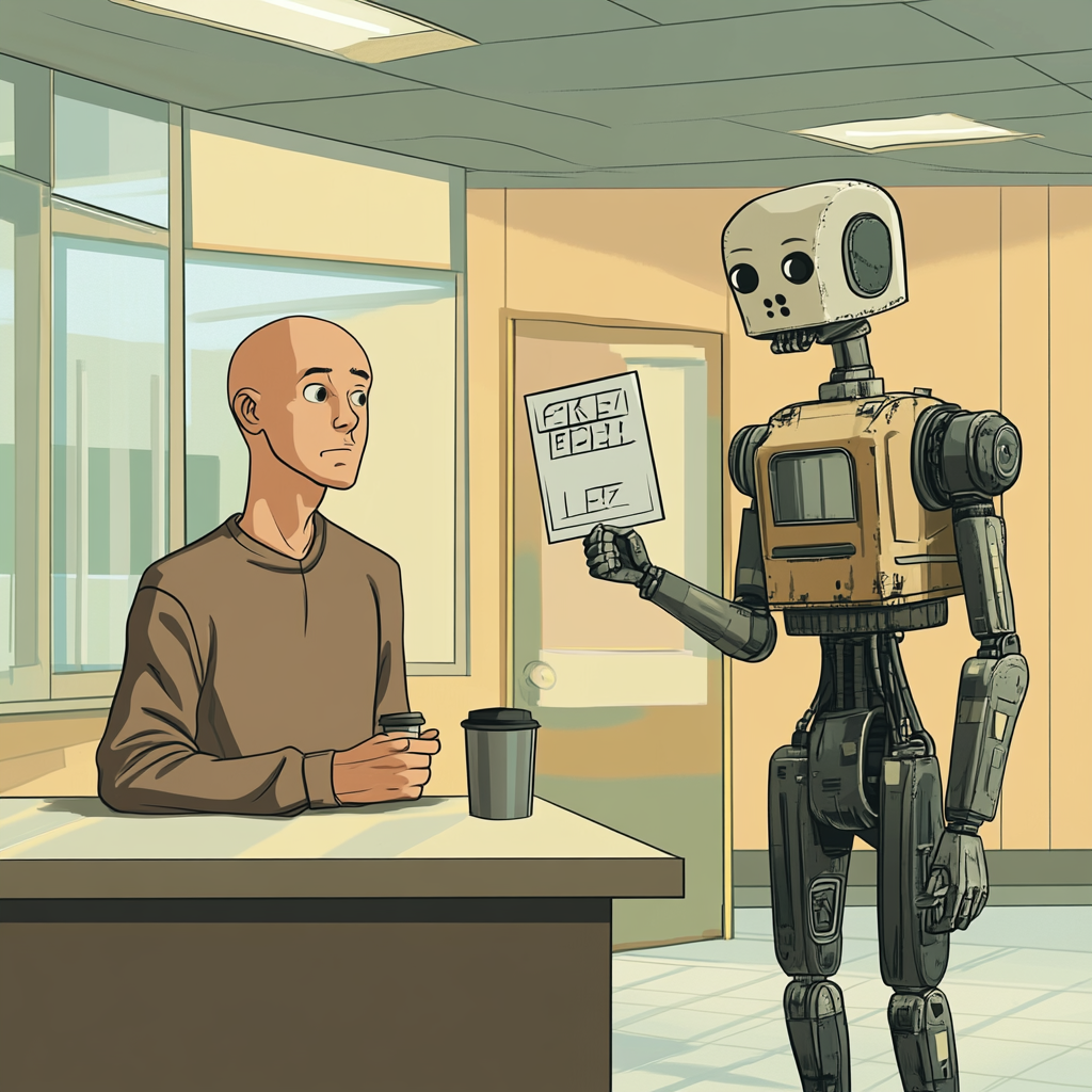 A young man on break with robot friend