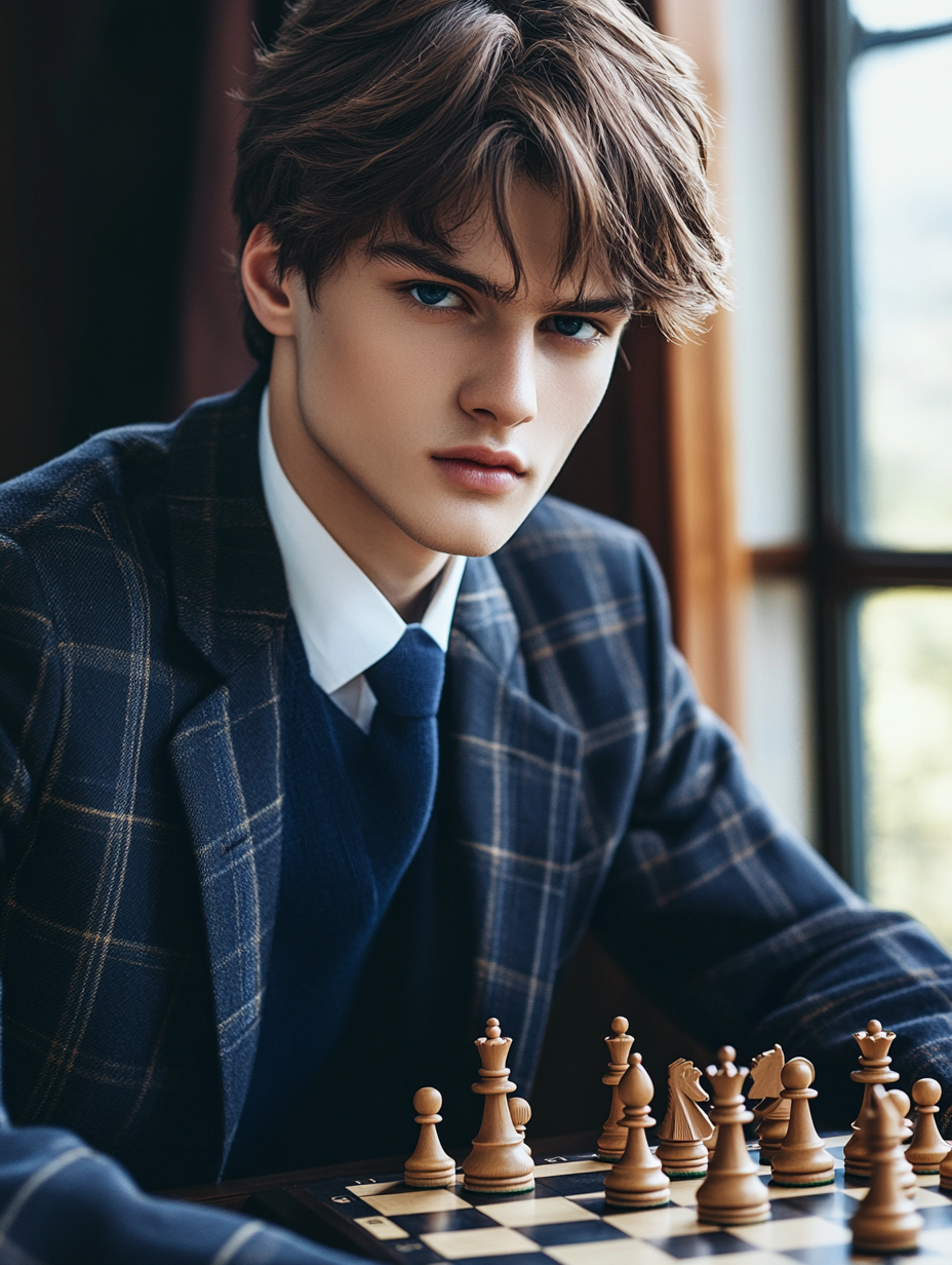 A young man playing chess in school uniform