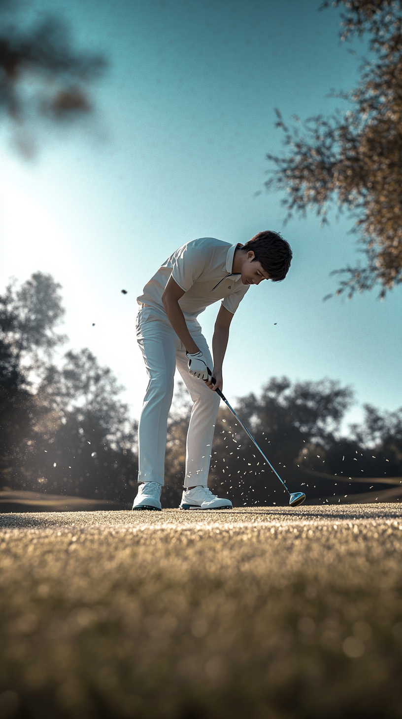 A young man playing golf in Korea, enjoying the game.