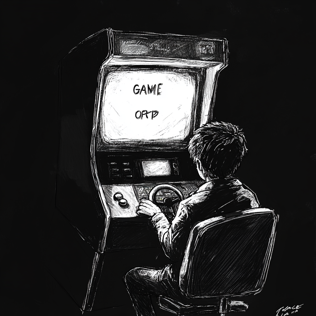 A young man plays arcade game, silhouette style.