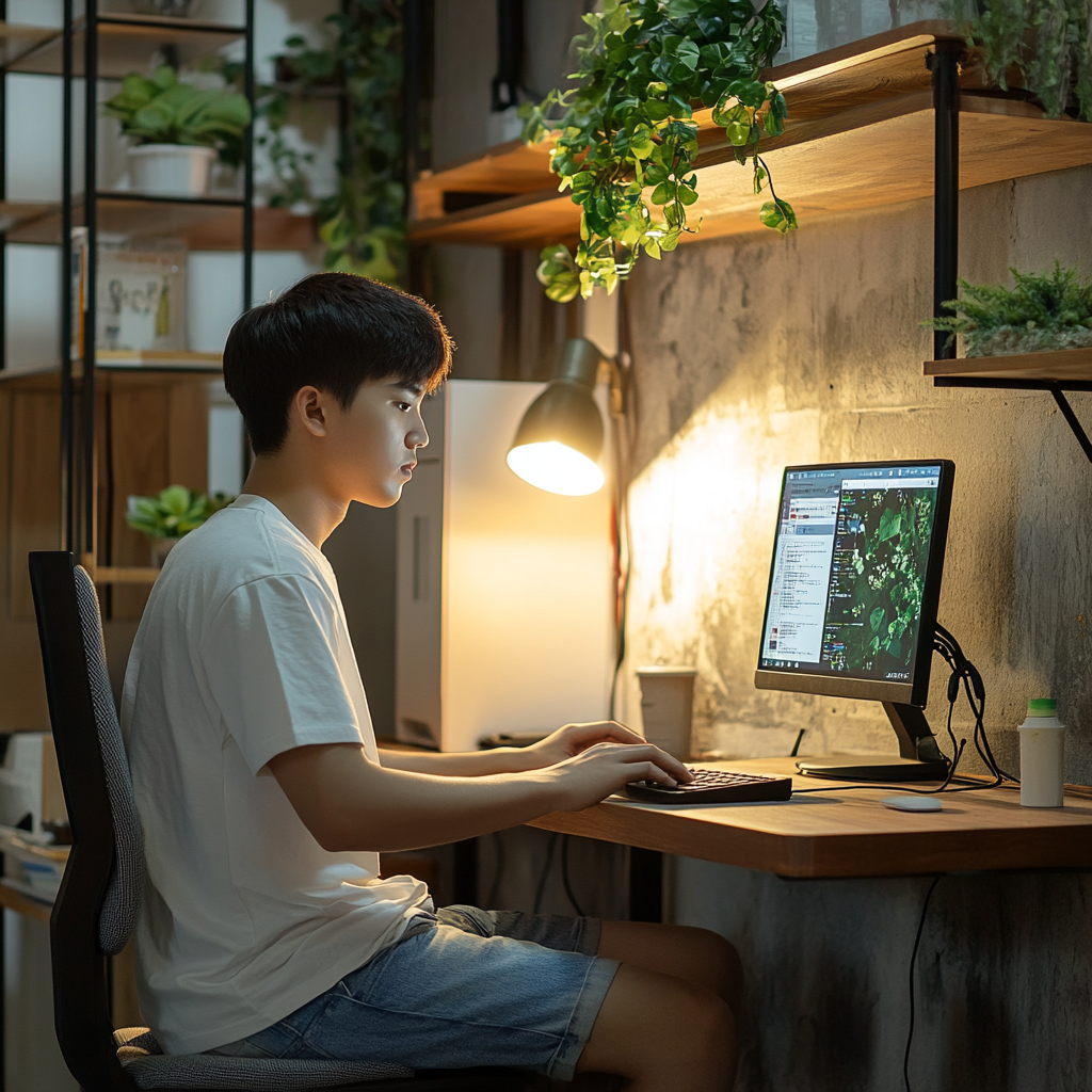 A young man typing at desk