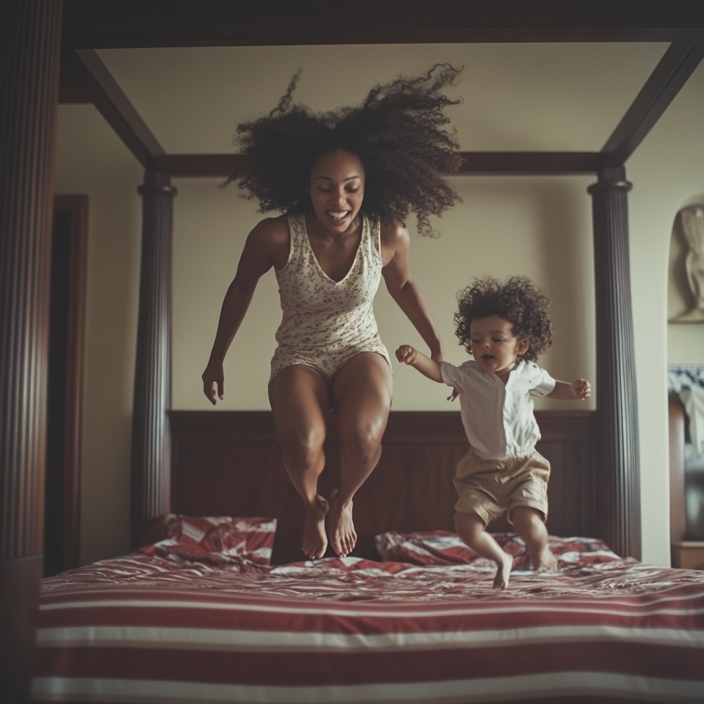 A young mother and toddler jumping on bed