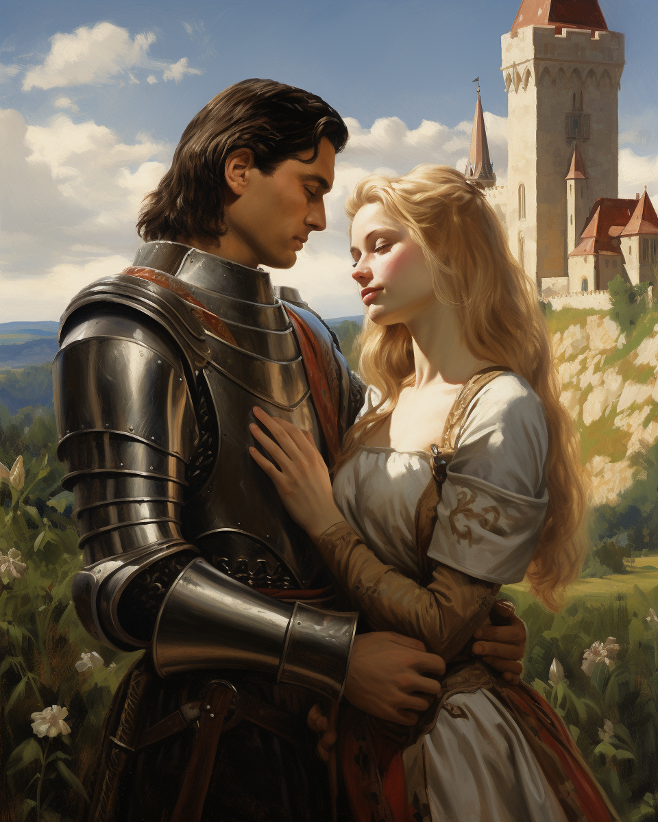 A young woman and knight in armor.