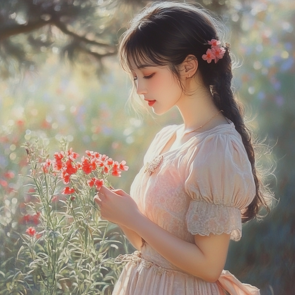 A young woman in a pastel dress gathers flowers