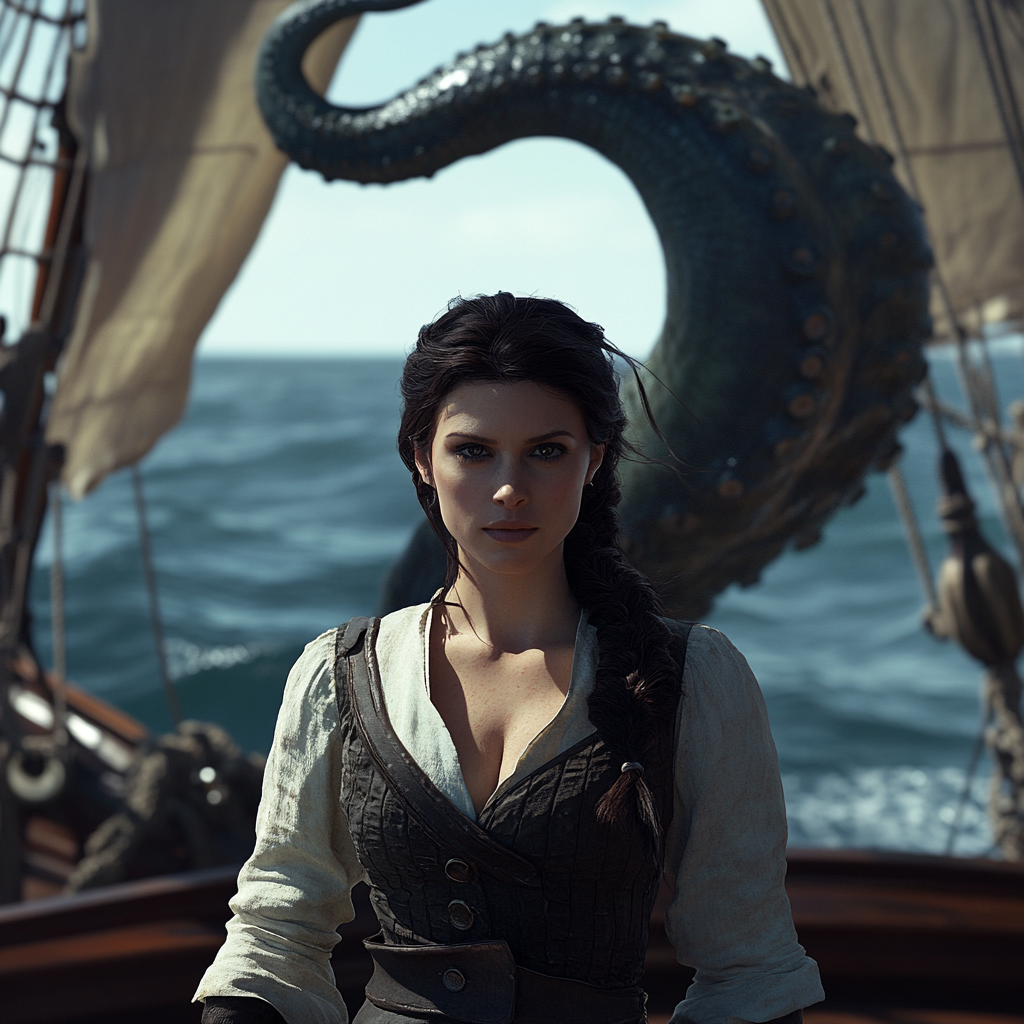 A young woman in captain's clothing with octopus tentacle.