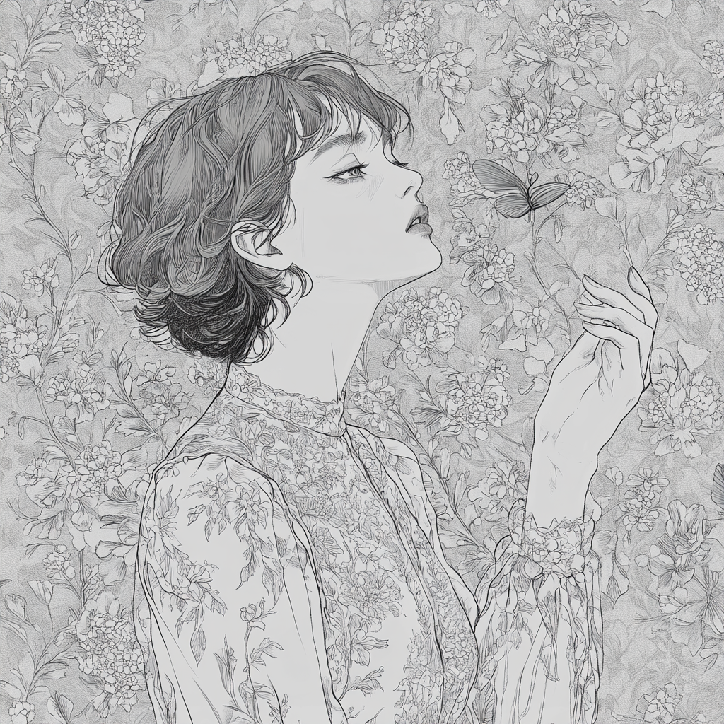 A young woman in lace, contemplating with nature