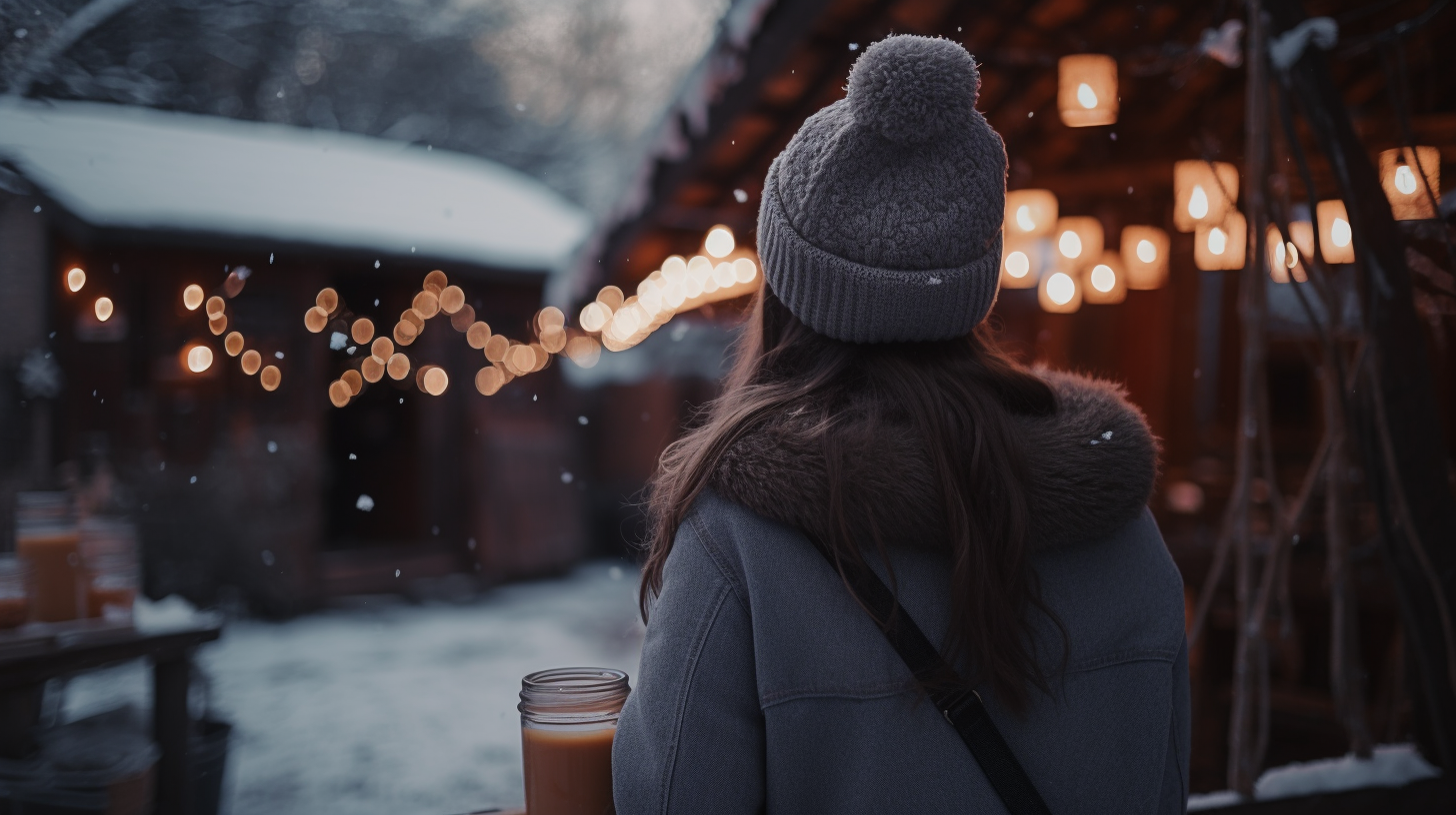 A young woman influencer in wintery scene.