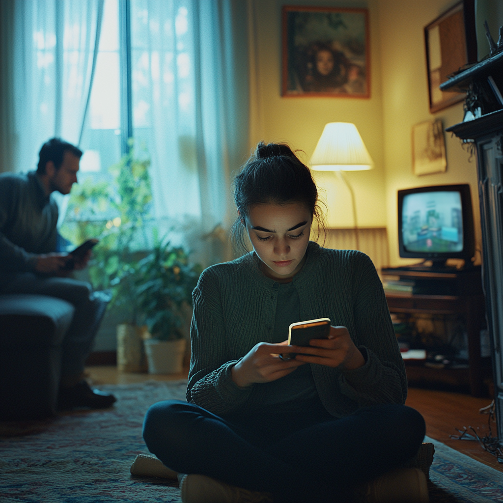 A young woman investigates on her smartphone with help.