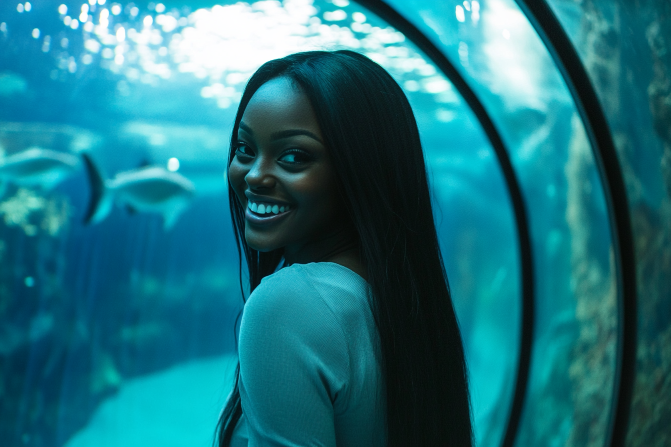 A young woman with long straight hair in tunnel.