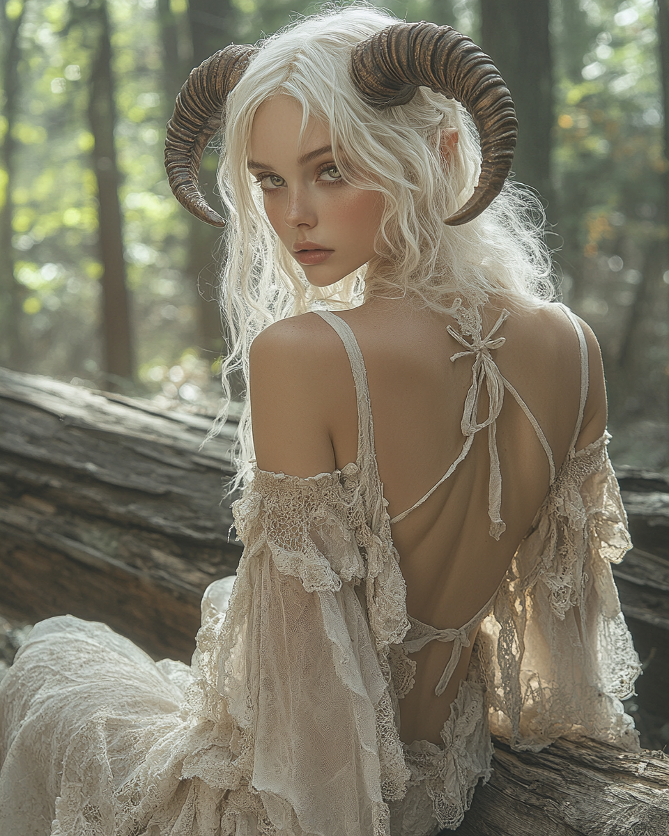 A young woman with white hair sitting on log.