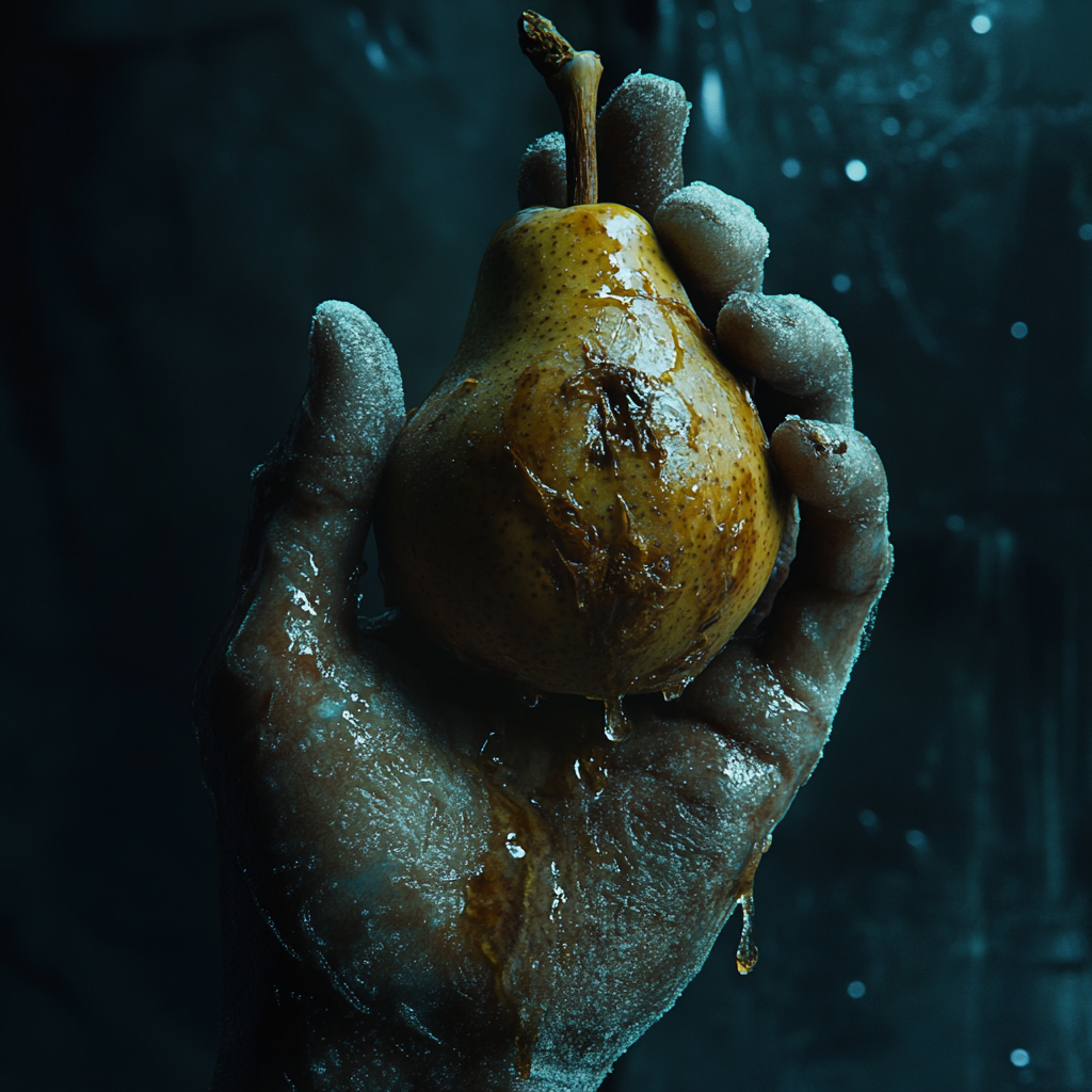 A zombie hand holding a rotten pear closely.