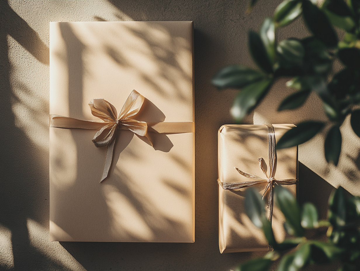 A5 Mockup Next to a Wrapped Gift Box