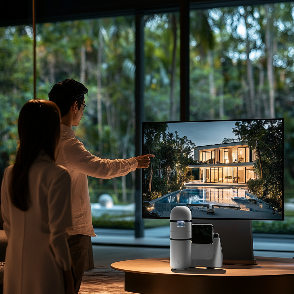 AI Bot consults couple on luxury property in evening.