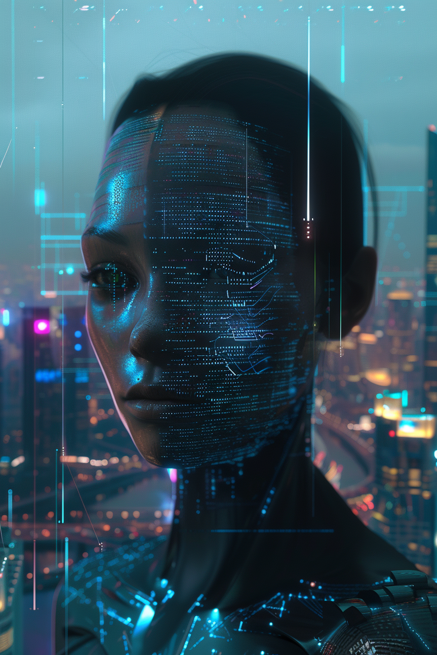 AI CEO commands futuristic city with glowing authority.