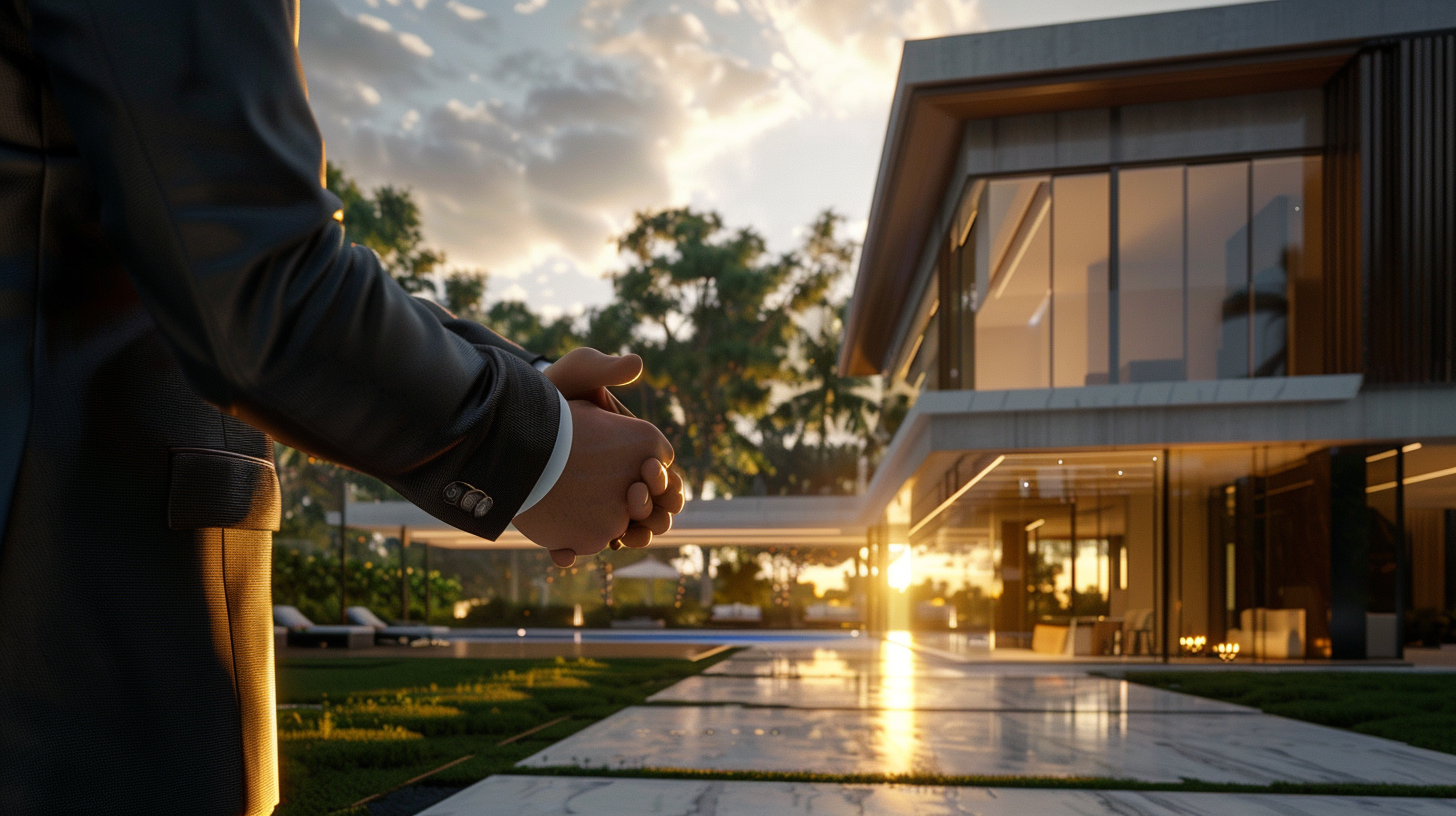 AI Call Bot shakes hands with customer at luxury villa.