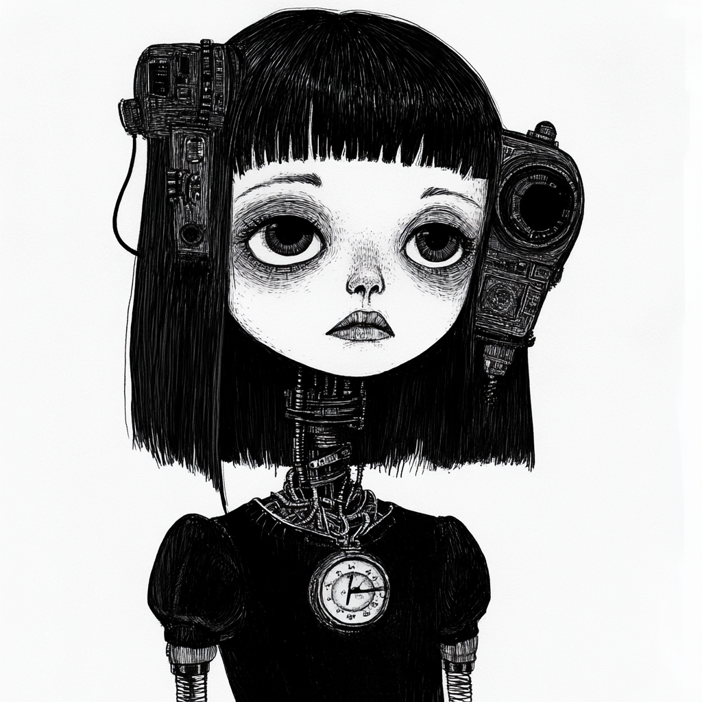 AI Image: Young girl with robotic features in eerie style.