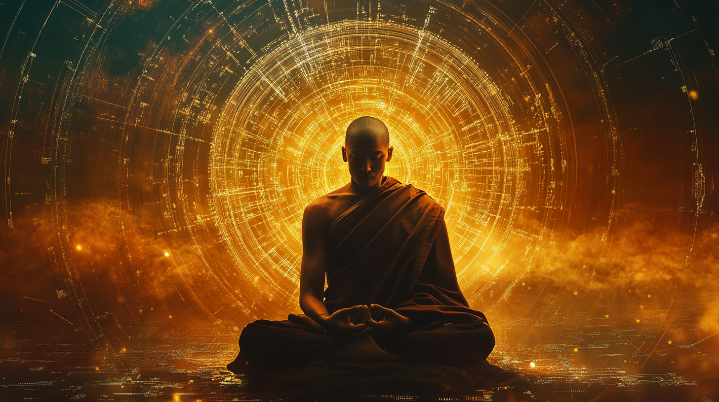 AI Monk Meditates with Digital and Spiritual Harmony