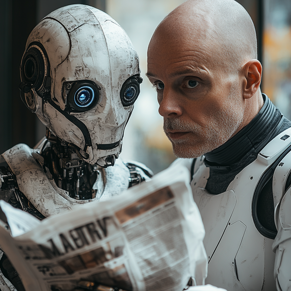 AI Robot Gives Futuristic Newspaper to Bald Swedish Man 