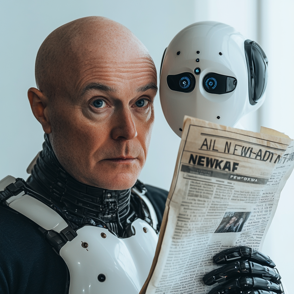 AI Robot Gives Newspaper to Attractive Blue-Eyed Man