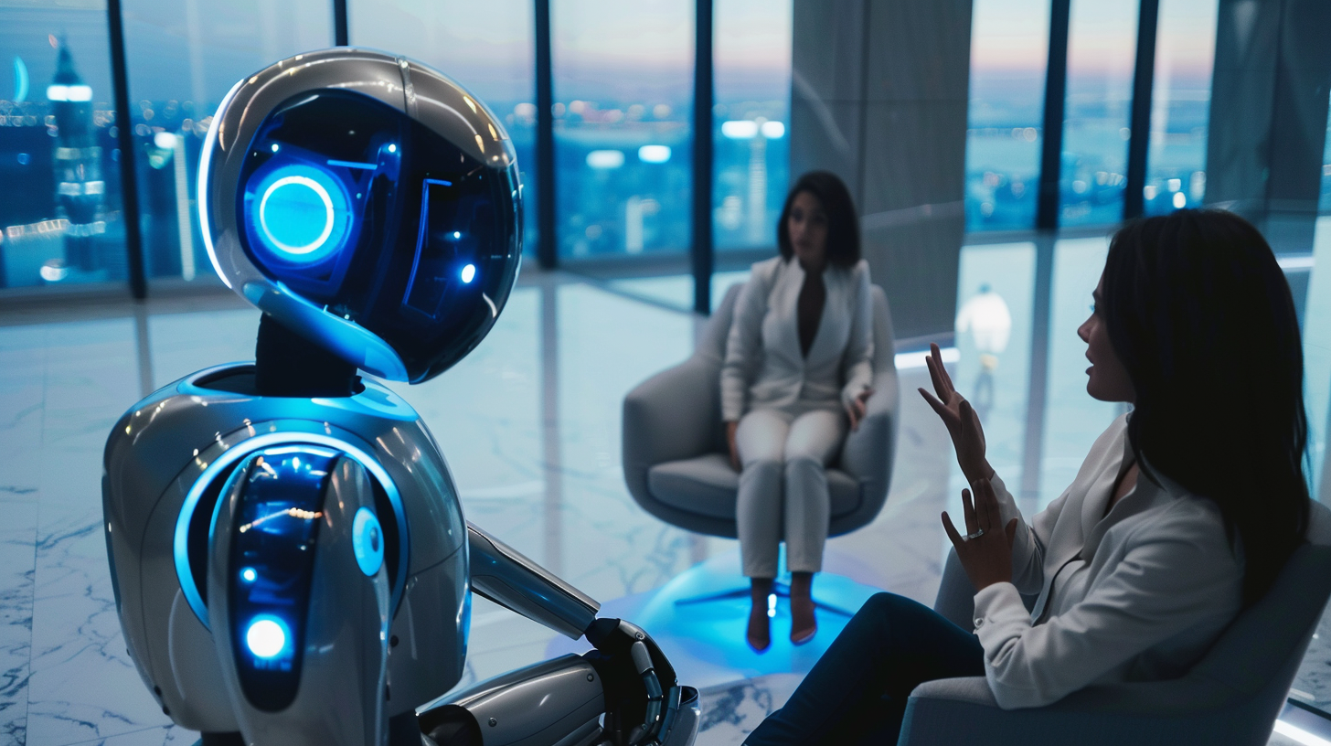 AI Robot Helps Couple in Modern Real Estate Office