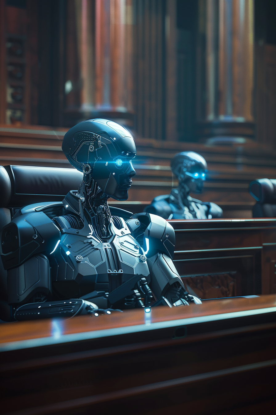 AI Robot Judge ruling in futuristic holographic courtroom.