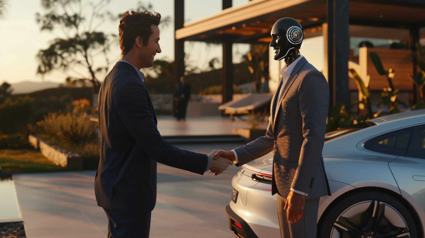 AI bot shakes hands with man at luxury villa.