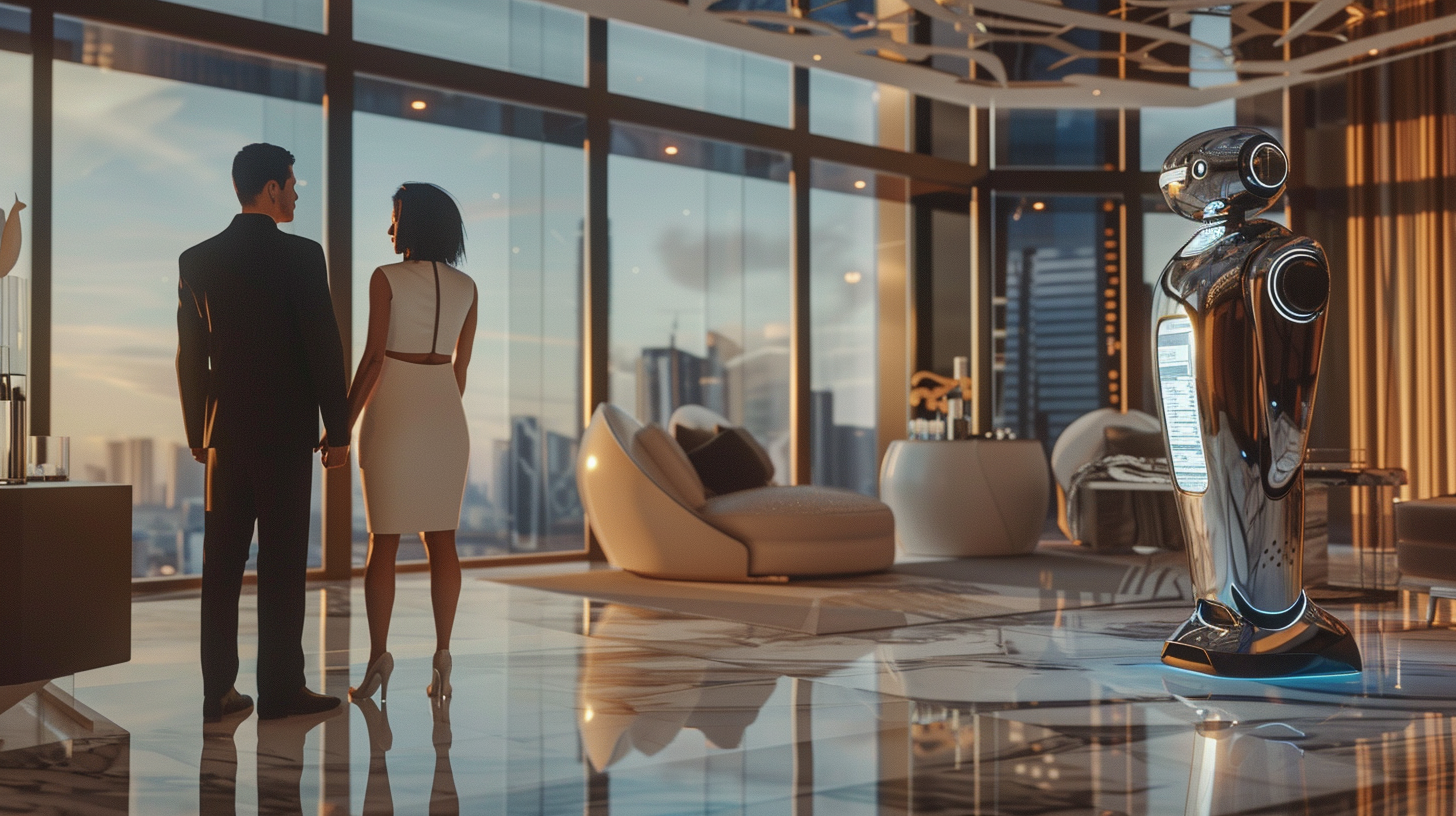 AI consults couple in luxurious real estate office.