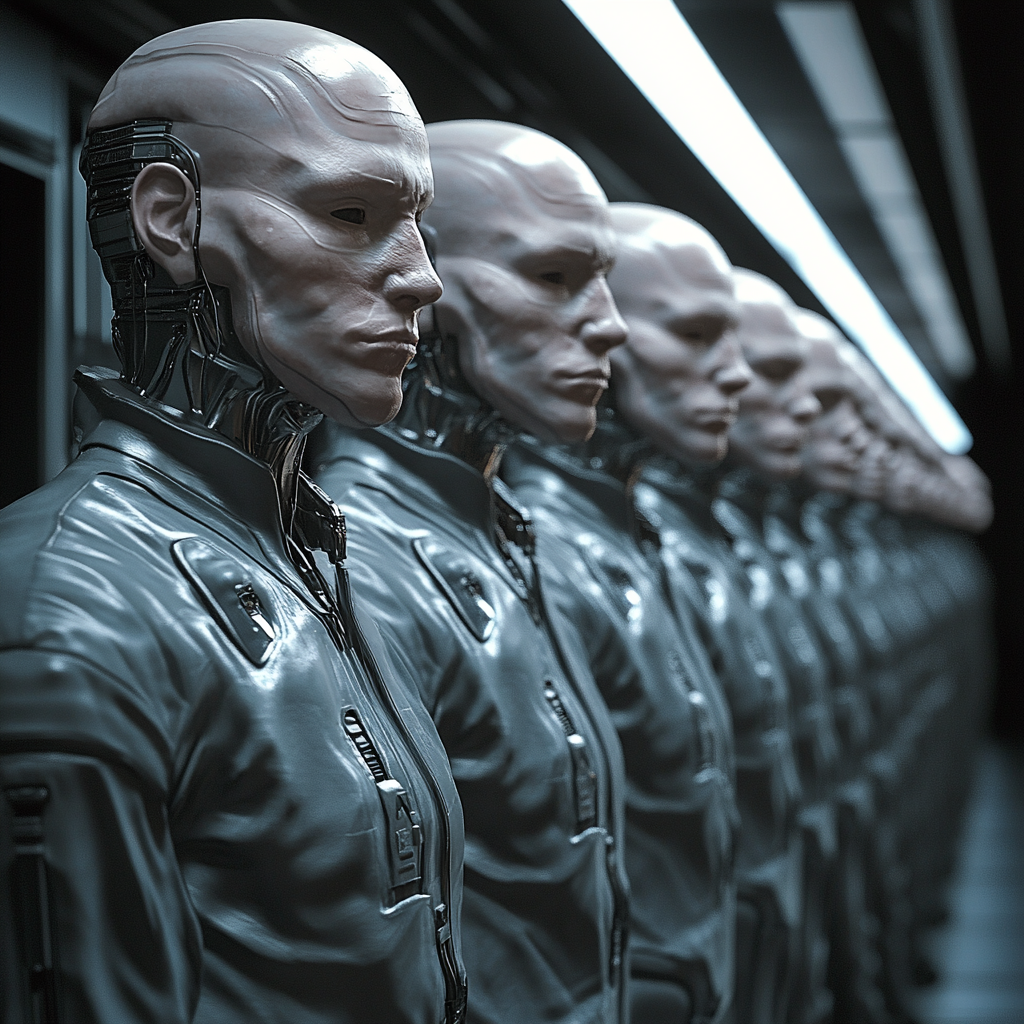 AI creates clones in jumpsuits under cinematic lighting