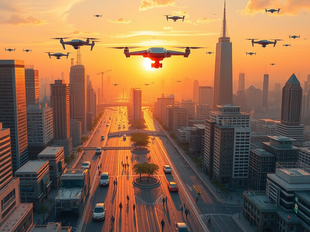 AI-powered futuristic city with flying cars and drones