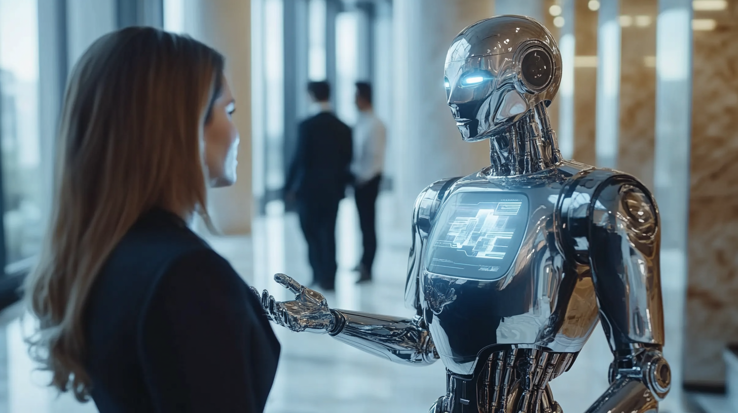 AI robot assists couple in luxurious real estate office.