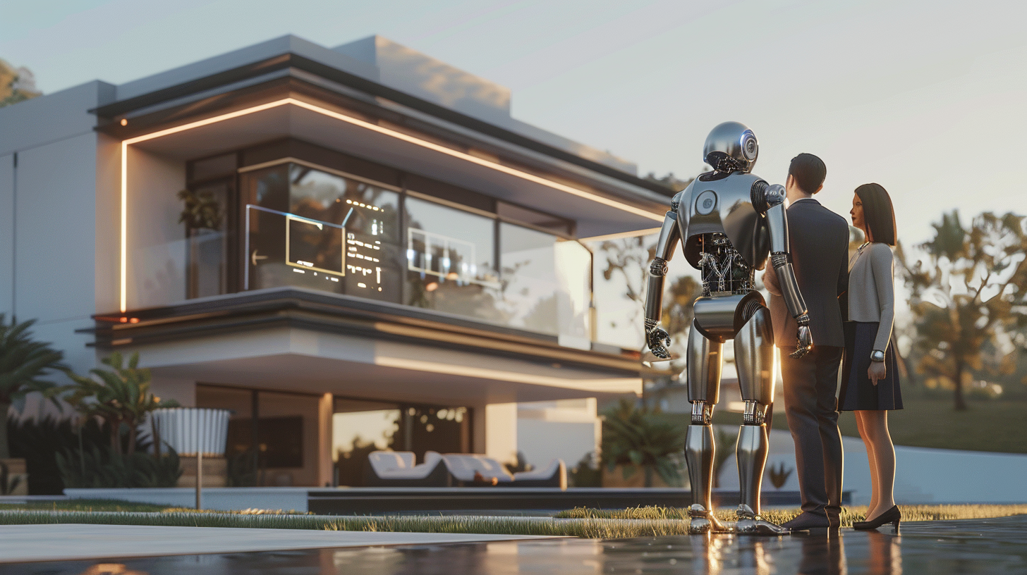 AI robot consults couple in front of luxury villa.