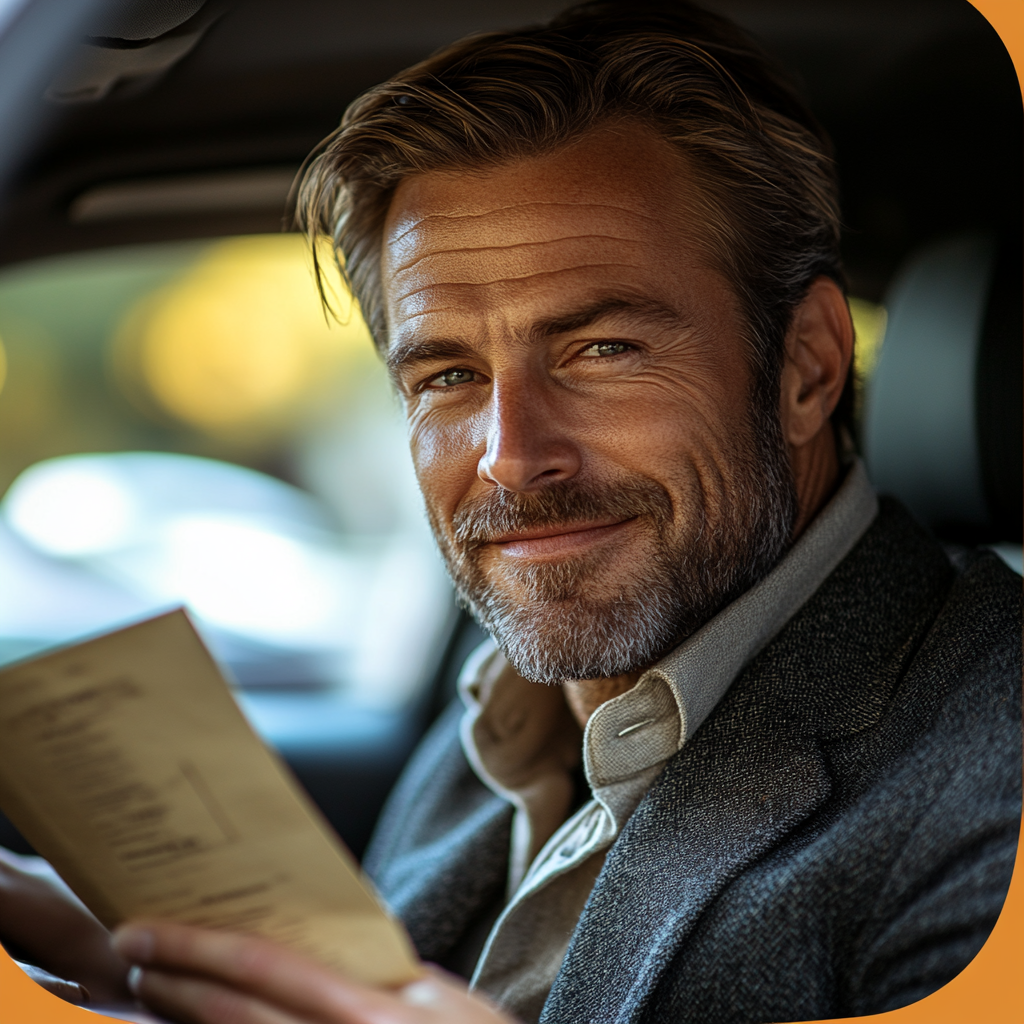 ALT Image Text: Middle-aged man in car, handing over money calmly.