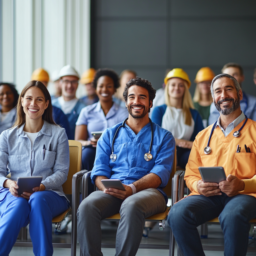 ALT: Employees smile, chairs hold work tools.