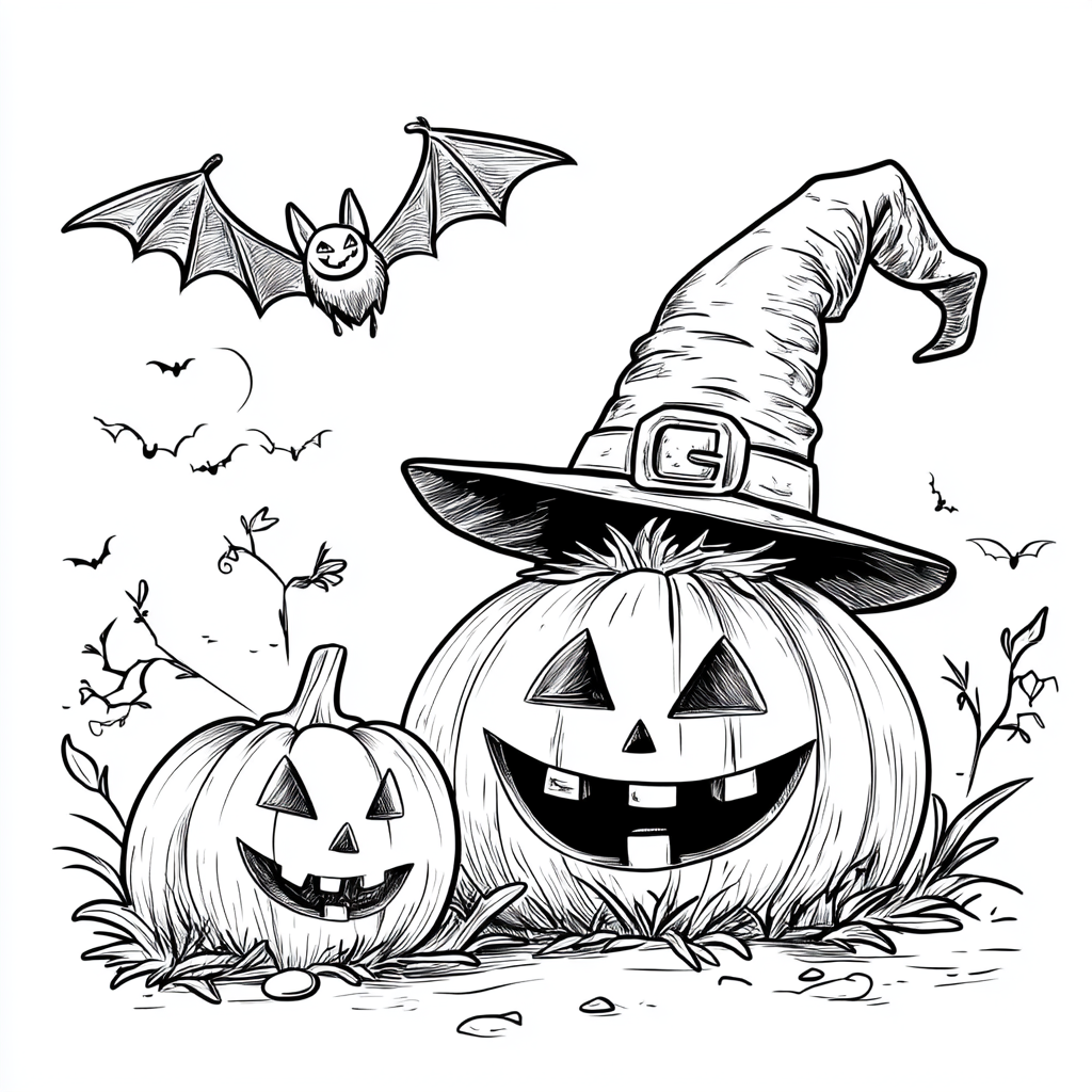 ALT: Halloween coloring page with smiling pumpkin, flying bat.