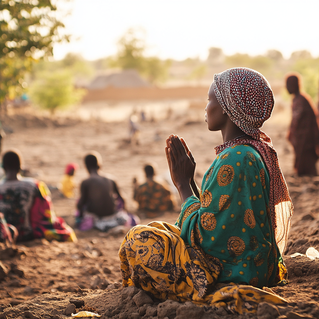 ALT: People praying in village; suffering, community, hope, solemn.