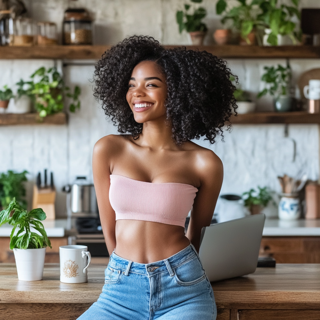 ALT: Smiling girl in pink top with laptop at home.