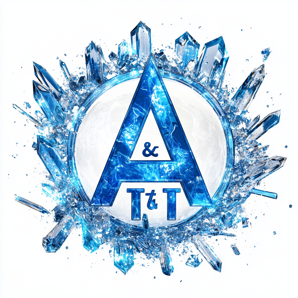 AT&T logo with blue circle, surrounded by crystals.