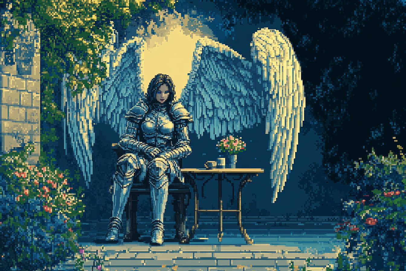 Aasimar Swordswoman at Night in Pixel Art Garden