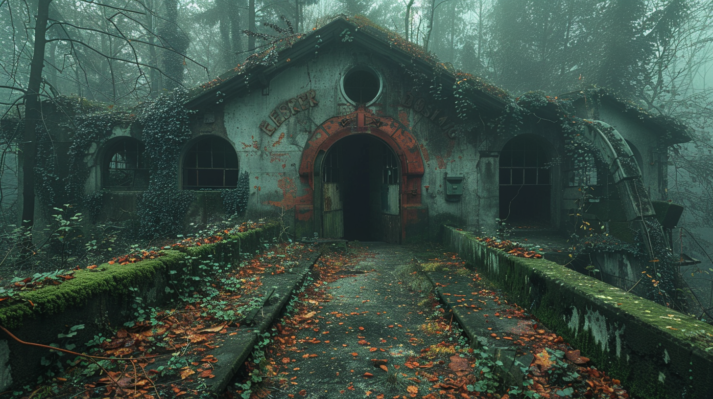 Abandoned bunker in woods, overgrown with moss, ivy.