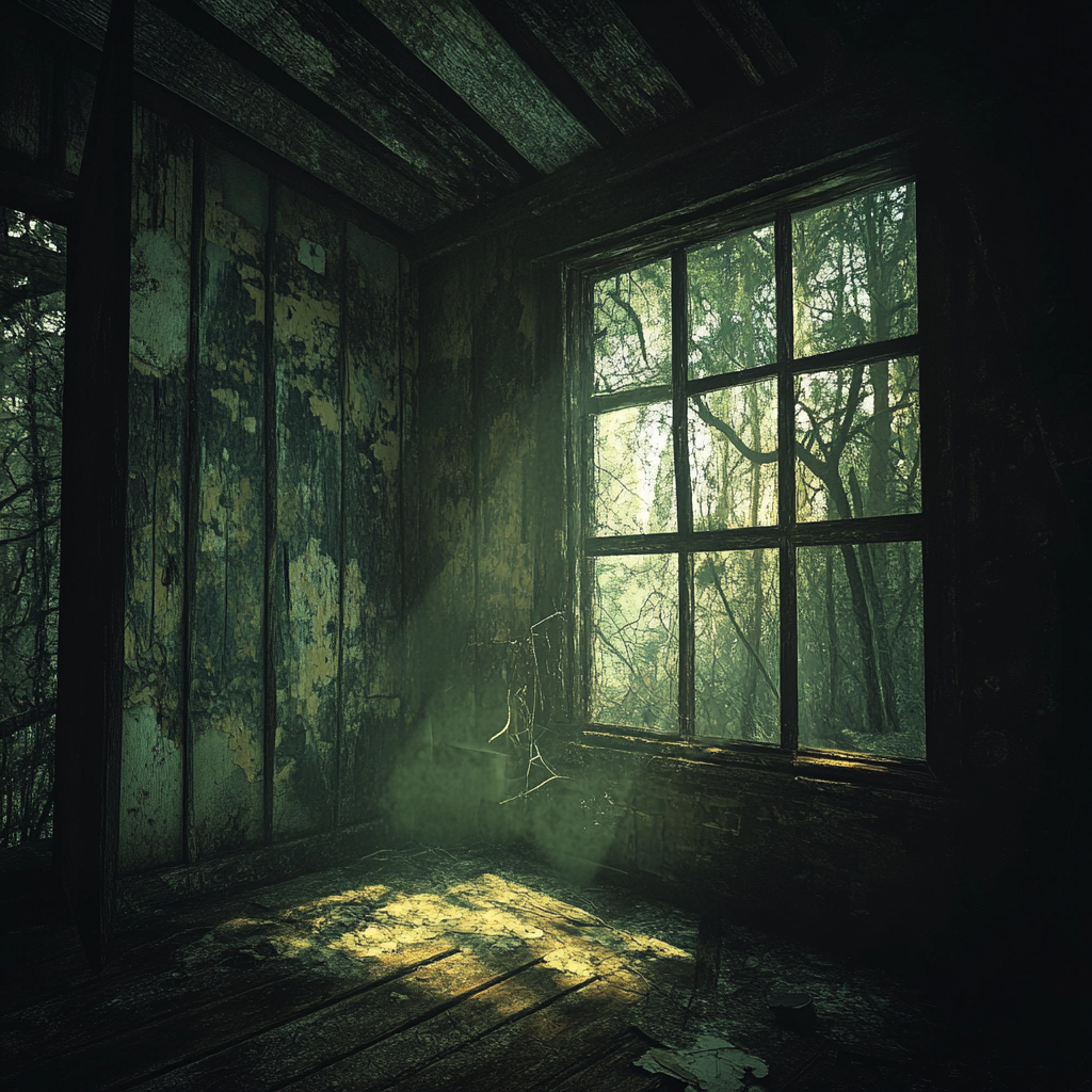 Abandoned cabin in dark forest with moldy walls.