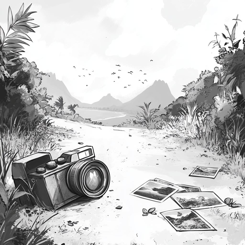 Abandoned camera on dusty road with exotic photos